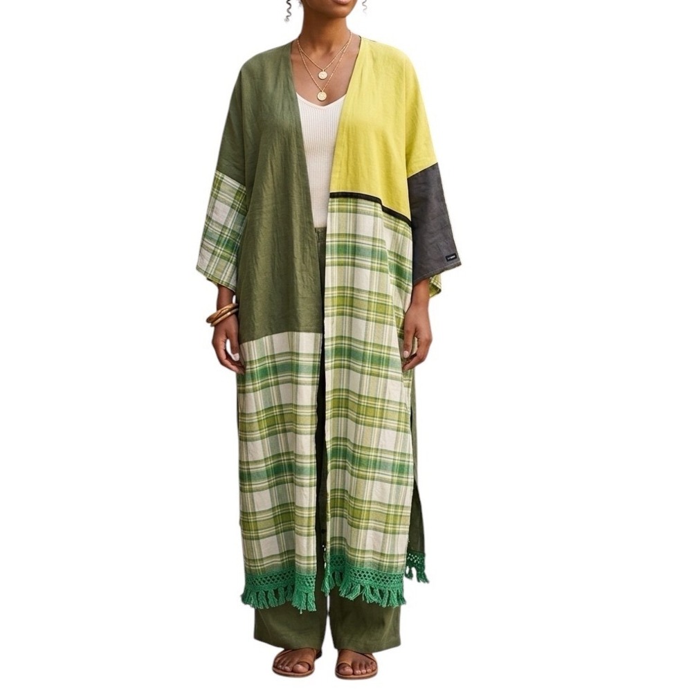 ULKA Ta Od Szycia Women Green Plaid Colorblock Fringed Kimono Duster Robe OS